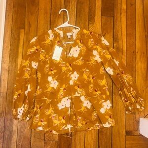 A New Day Mustard Yellow floral blouse -size large